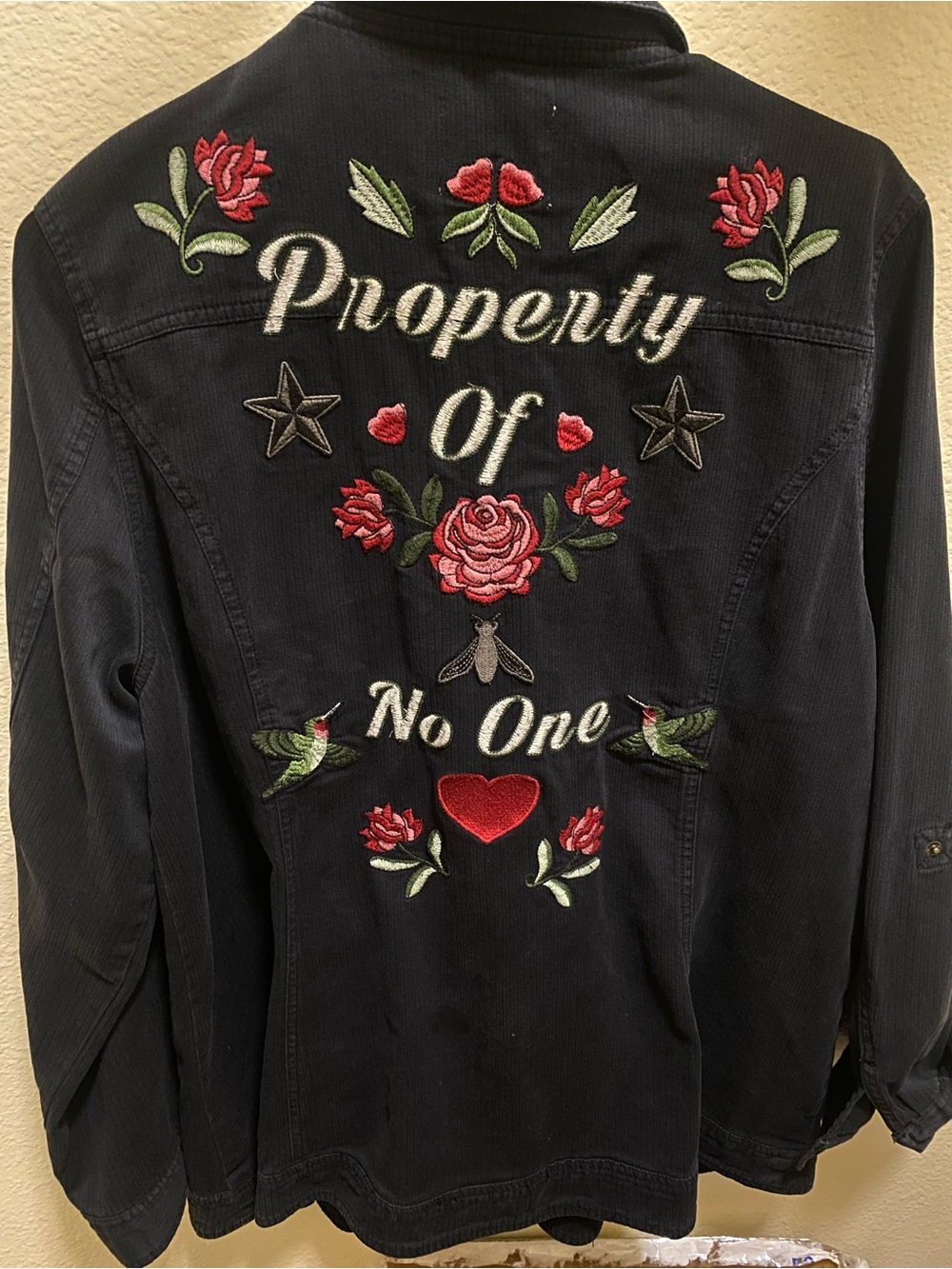 torrid Black Embroidered Jean Jacket with Red Floral Accents